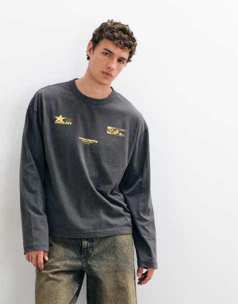 ASOS DESIGN camiseta oversized de manga larga con estampado gráfico en gris lavado - view 1