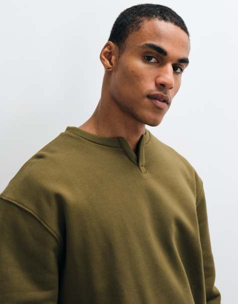 ASOS DESIGN camiseta relajada premium de tejido grueso con cuello redondo y abertura en caqui - view 1