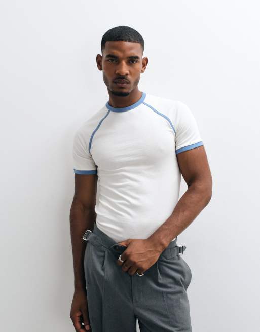 ASOS DESIGN - camiseta ringer de corte slim con manga raglán en crema y azul, 2 de 5