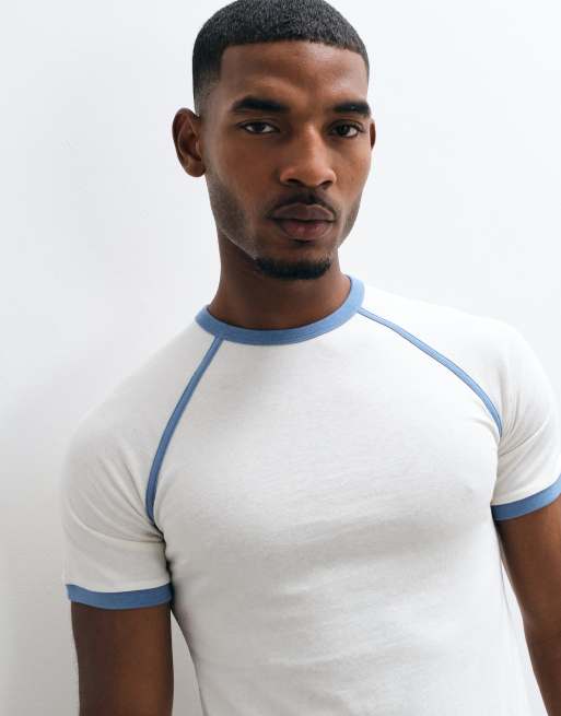ASOS DESIGN - camiseta ringer de corte slim con manga raglán en crema y azul, 5 de 5