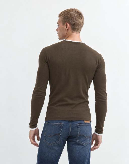 ASOS DESIGN camiseta ringer de manga larga de corte ajustado en canalé marrón, 7 de 8