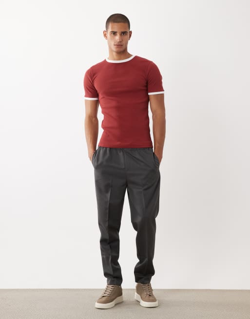 ASOS DESIGN - Camiseta roja ajustada con detalle de ribetes de canalé, 4 de 5