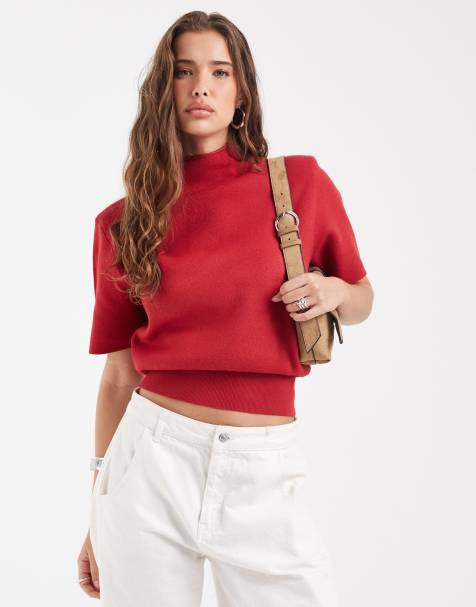 ASOS DESIGN - camiseta roja de cuello alto, hombreras y cintura entallada - view 1