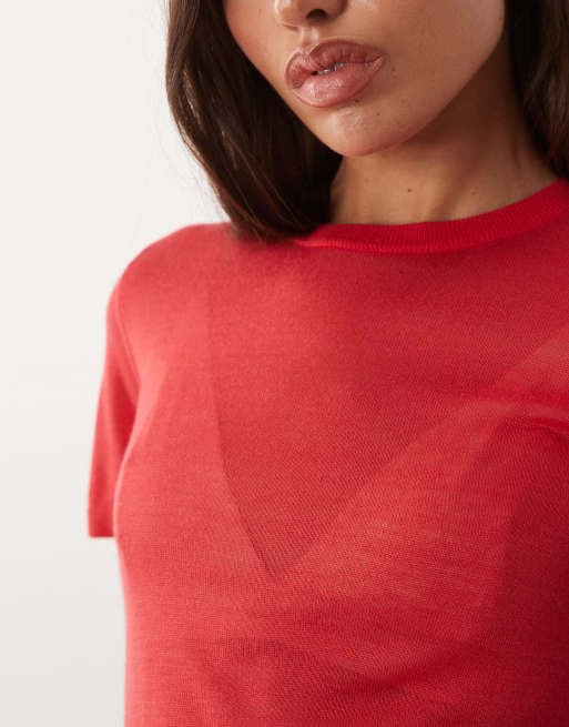 ASOS DESIGN - Camiseta roja efecto segunda piel de punto traslúcido, 3 de 4