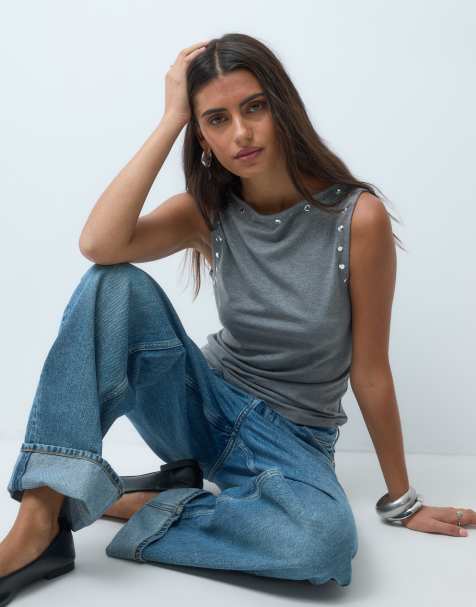 ASOS DESIGN - camiseta sin mangas con detalles de tachuelas en gris jaspeado - view 1