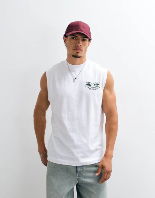 ASOS DESIGN - camiseta sin mangas extragrande con gráfico nouveau en blanco, 5 de 5