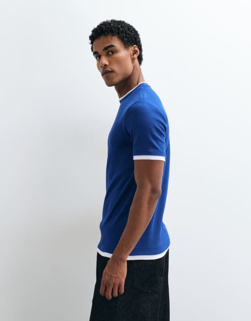 ASOS DESIGN - camiseta slim con doble capa en canalé azul y blanco, 4 de 5