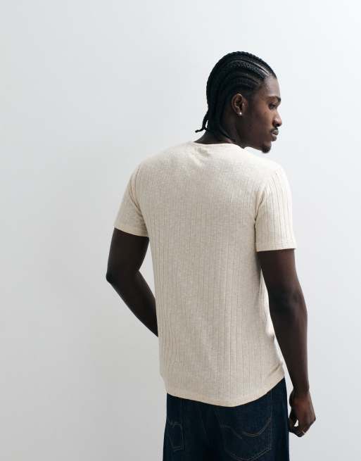 ASOS DESIGN - camiseta slim fit con cuello henley en canalé efecto lino neutro, 4 de 5