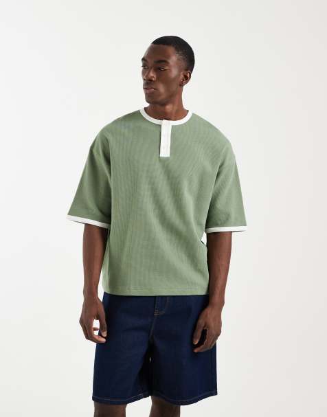 ASOS DESIGN - Camiseta verde medio de corte cuadrado extragrande con cuello panadero de tejido gofrado - view 1