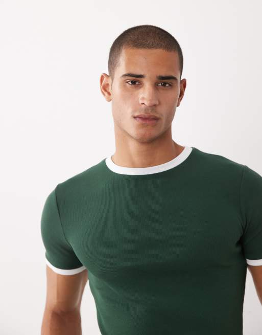 ASOS DESIGN - Camiseta verde oscuro ajustada con detalle de ribetes de canalé, 2 de 5