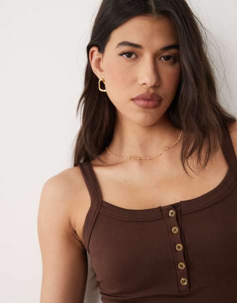 ASOS DESIGN - Camisola sin costuras con cuello cuadrado y detalle de botones en chocolate - view 1