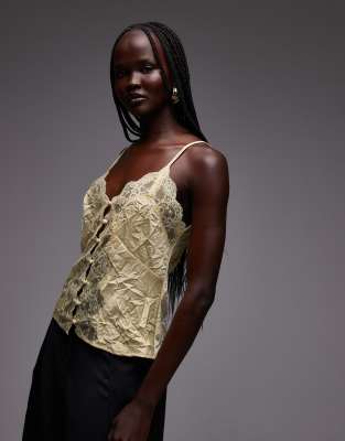 ASOS DESIGN - Camisole aus Satin und Spitze in Gelb mit Knopfleiste