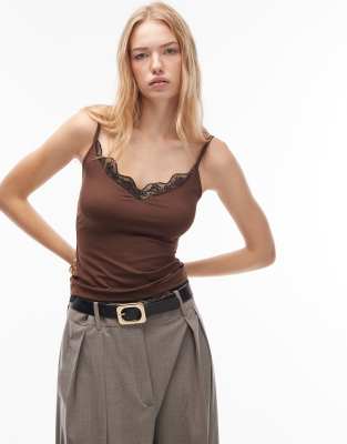 ASOS DESIGN - Camisole in Braun mit Polyamid-Besatz und Spitzenborte-Brown