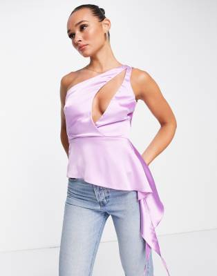 ASOS DESIGN - Camisole in Flieder mit One-Shoulder-Träger, asymmetrischer Aussparung und Drapierung-Lila