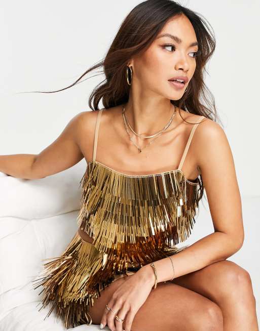 ASOS DESIGN Camisole in Gold mit Paillettenfransen im Stufendesign Kombiteil ASOS