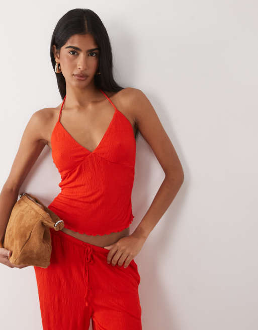 ASOS DESIGN – Camisole in leuchtendem Rot mit Knitterstruktur, Kombiteil, 3 von 4