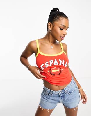 ASOS DESIGN - Camisole in Rot mit Ringerrücken und „Espana"-Grafik und gelber Einfassung