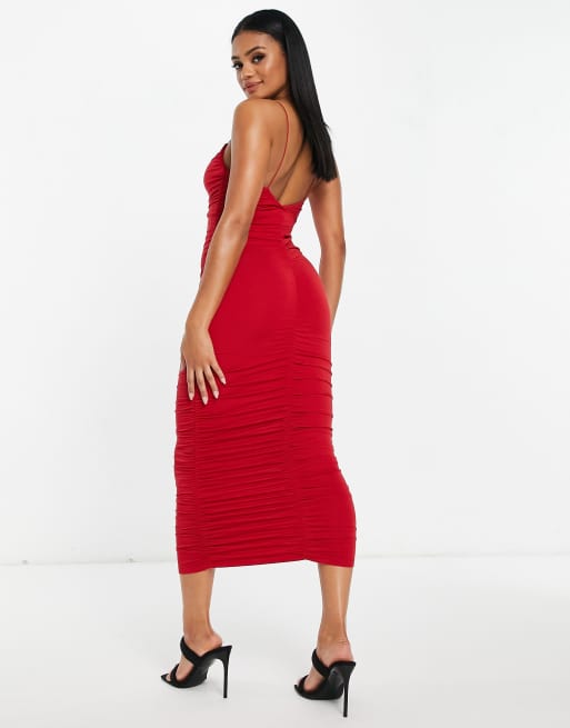 ASOS DESIGN Camisole Kleid mit dunnen Tragern und gerafftem Detail in leuchtendem Rot