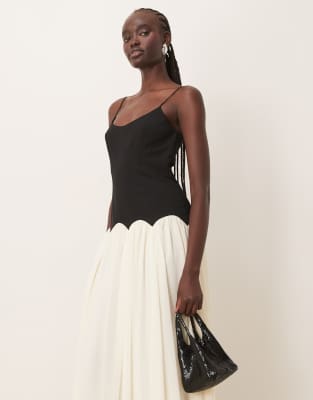 ASOS DESIGN cami mixed fabric maxi dress with dropped waist in black and white color block