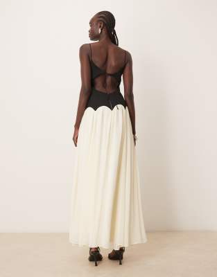 ASOS DESIGN cami mixed fabric maxi dress with dropped waist in black and white color block