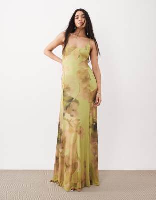ASOS DESIGN - Camisole-Maxikleid aus Netzstoff in Grün geblümt mit eckigem Ausschnitt-Bunt