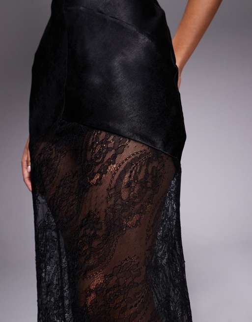 ASOS DESIGN – Camisole-Maxikleid aus Satin- und Spitzenmix in Schwarz mit transparentem Oberteil, 3 von 4