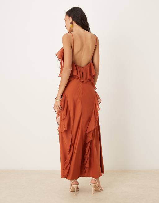 ASOS DESIGN – Camisole-Maxikleid in Chiffon aus gewaschenem Satin in Zimtbraun mit Rüschen, 3 von 4