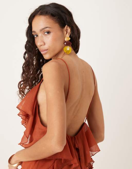 ASOS DESIGN – Camisole-Maxikleid in Chiffon aus gewaschenem Satin in Zimtbraun mit Rüschen, 4 von 4