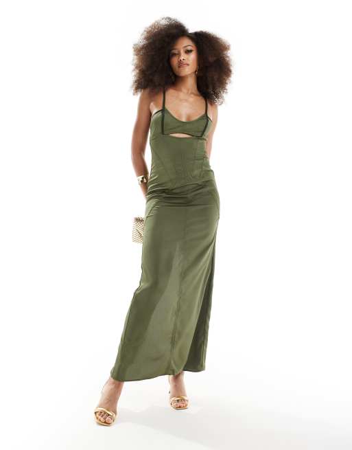 ASOS DESIGN – Camisole-Maxikleid in Khaki mit abgesetzten Nähten