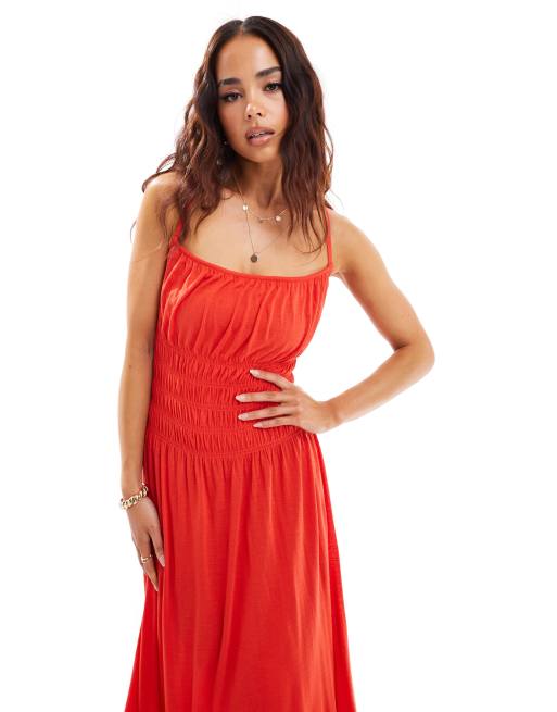 ASOS DESIGN – Camisole-Maxikleid in Rot mit gerafftem Oberteil und eckigem Ausschnitt