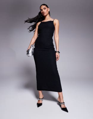 ASOS DESIGN - Camisole-Maxikleid in Schwarz aus Spitze mit Rundhalsausschnitt und Netzstoffeinsatz