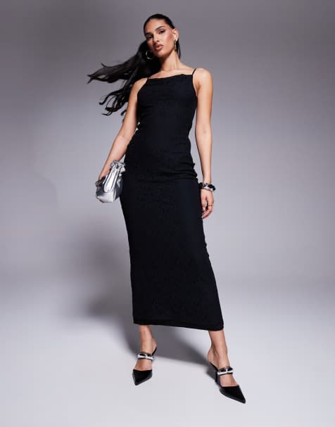 ASOS DESIGN – Camisole-Maxikleid in Schwarz aus Spitze mit Rundhalsausschnitt und Netzstoffeinsatz - view 1
