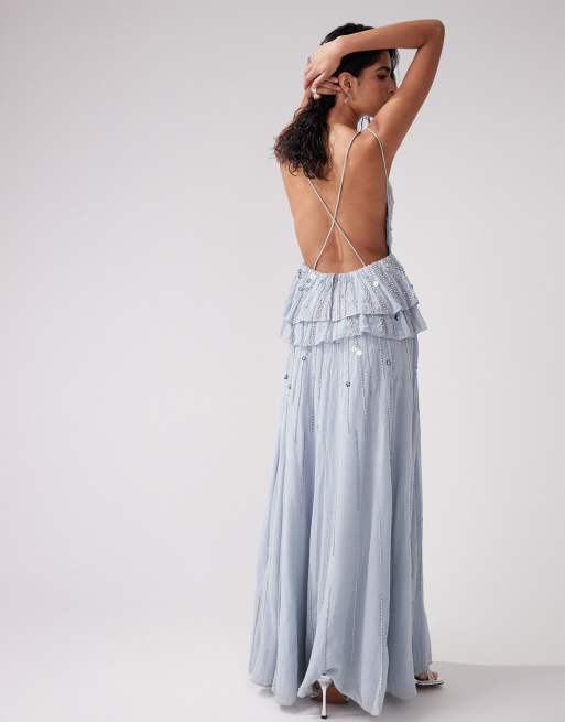 ASOS DESIGN – Camisole-Maxikleid in Stahlblau mit Blütenverzierung und gestuftem Schößchen, 2 von 4