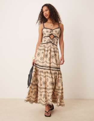ASOS DESIGN - Camisole-Maxikleid in Stein mit Cut-out, Stickereien und schwarzen Zierstreifen-Neutral