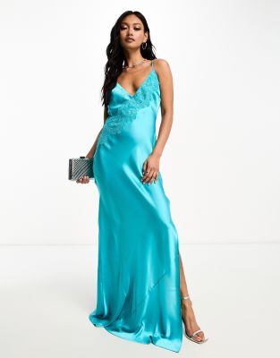 ASOS DESIGN - Camisole-Maxikleid in Türkis mit Wasserfall-Rückenausschnitt und Spitzen-Applikation-Blau