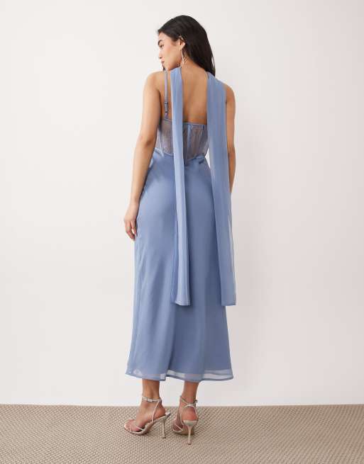 ASOS DESIGN – Camisole-Midikleid aus Satin und Spitze in Hellblau mit Schaldetail, 4 von 4