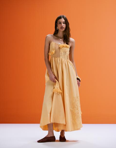 ASOS DESIGN – Camisole-Midikleid in Gelb mit Spitzen-Patchwork - view 1
