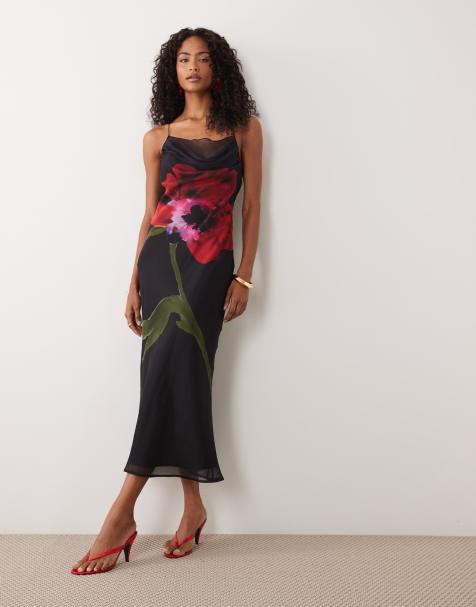 ASOS DESIGN – Camisole-Midikleid in Schwarz mit Blumenprint, Riemchenträgern, Wasserfallausschnitt und asymmetrischem Einsatz - view 1
