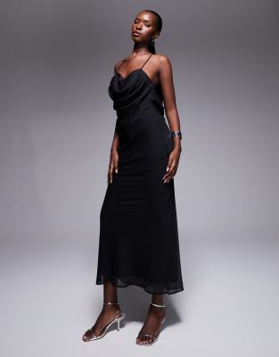 ASOS DESIGN - Camisole-Midikleid in Schwarz mit Riemchenträgern, Wasserfallausschnitt und schrägem Bahnendesign