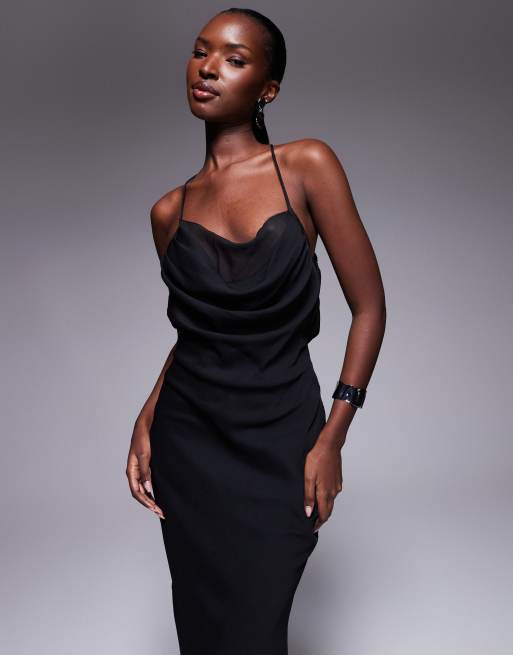 ASOS DESIGN – Camisole-Midikleid in Schwarz mit Riemchenträgern, Wasserfallausschnitt und schrägem Bahnendesign, 3 von 4