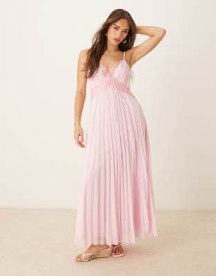 ASOS DESIGN - Camisole-Midikleid in Zuckerrosa mit V-Ausschnitt und Spitzenbesatz-Bunt
