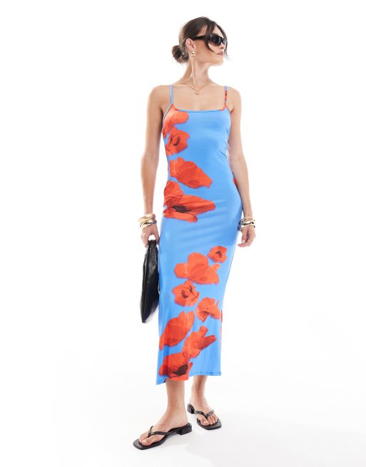 ASOS DESIGN – Camisole-Midikleid mit Mohnblumen-Print und eckigem Ausschnitt