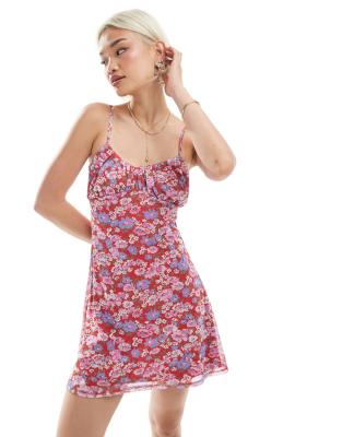 ASOS DESIGN - Camisole-Minikleid aus Netzstoff in Rosa mit Blümchenmuster und geraffter Brustpartie-Bunt