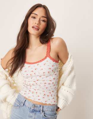 ASOS DESIGN - Camisole mit Punkte- und Blümchenprint sowie Besatzdetail-Weiß