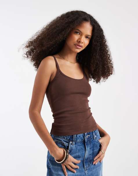 ASOS DESIGN – Camisole mit U-Ausschnitt und elastischen Trägern in Schokobraun - view 1