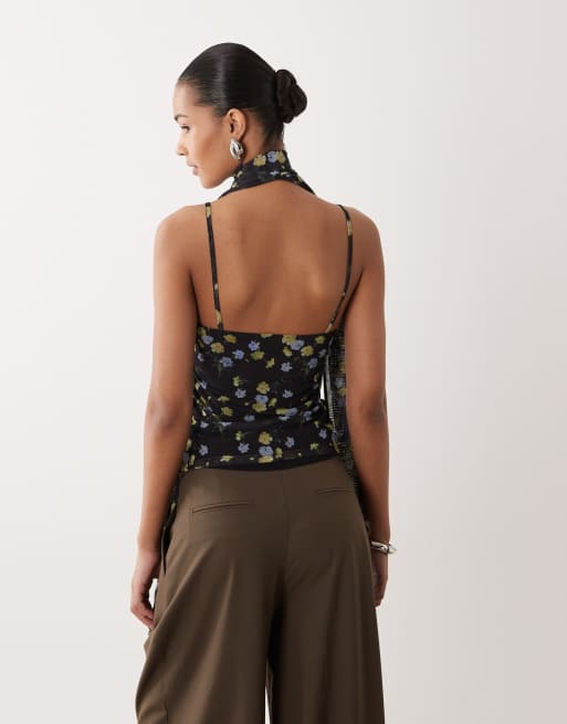 ASOS DESIGN – Camisole-Oberteil aus bedrucktem Netzstoff mit Schaldetail und Blumenmuster, 4 von 4