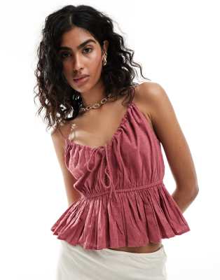 ASOS DESIGN - Camisole-Oberteil aus Dobby-Stoff in dunklem Rosé mit Schnürung und Schößchendetail-Rosa