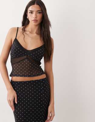 ASOS DESIGN - Camisole-Oberteil aus Netzstoff in Schwarz mit Punktemuster und Einsätzen, Kombiteil
