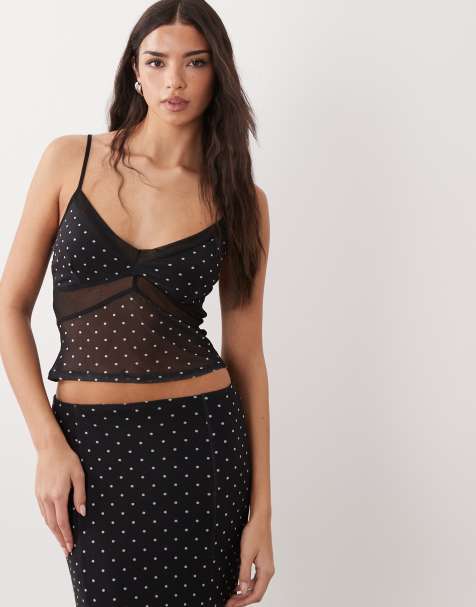 ASOS DESIGN – Camisole-Oberteil aus Netzstoff in Schwarz mit Punktemuster und Einsätzen, Kombiteil - view 1