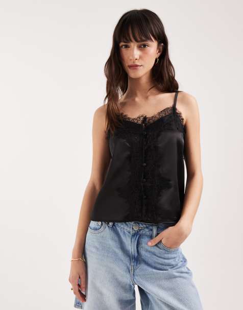 ASOS DESIGN – Camisole-Oberteil aus Satin in Schwarz mit Spitzenbesatz und Bindeband - view 1